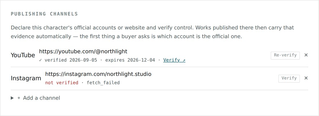Publishing channels: a verified YouTube channel with its expiry date, and an Instagram account that could not be fetched.