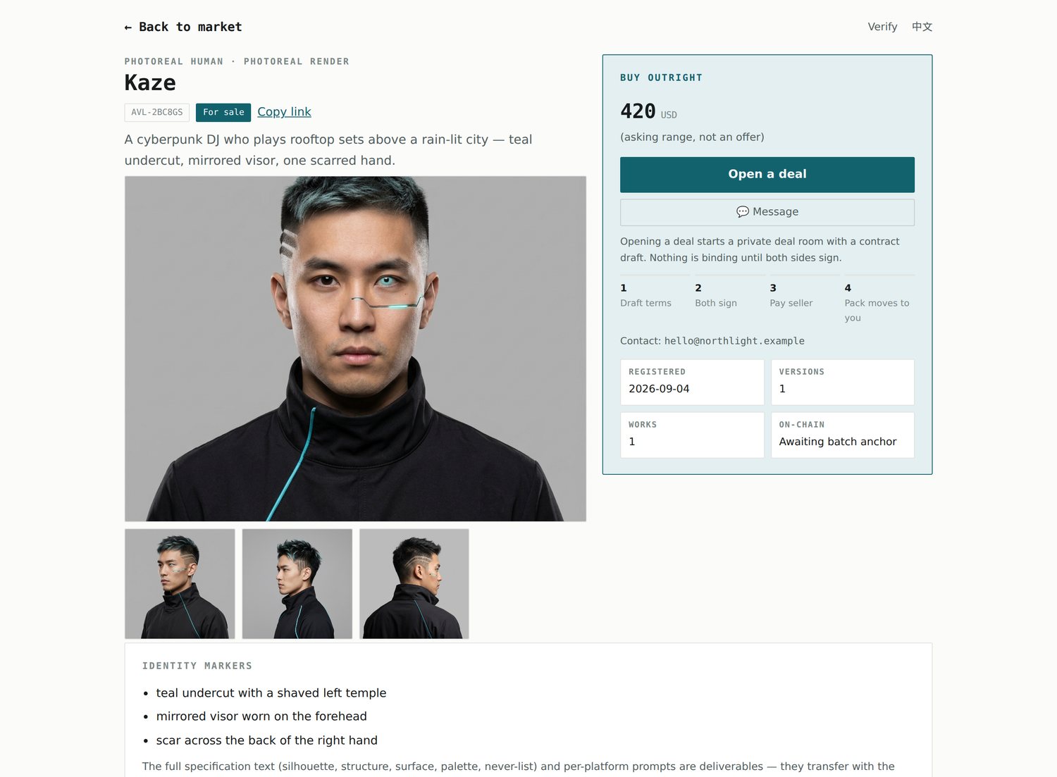 A public character page: reference images, asking price, registry number, registered date, version count, works count and anchoring status.